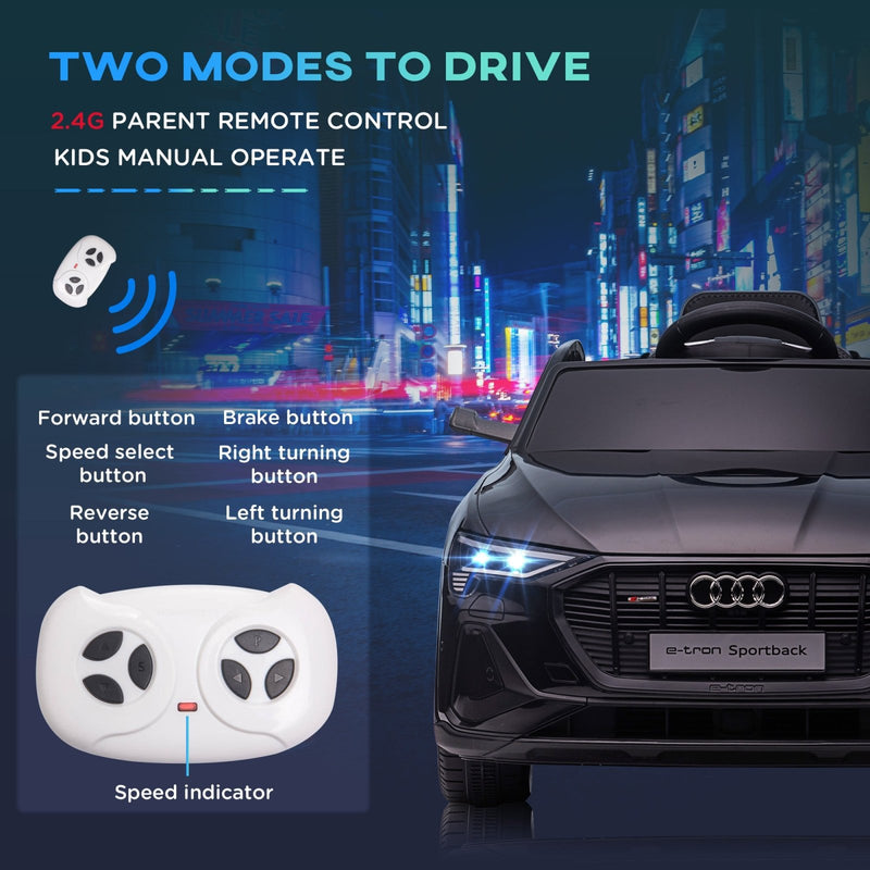 12V Audi E - tron Licensed Ride On Car, Two Motors Battery Powered Toy with Remote Control, Lights, Music, Horn, Black - Bedzy UK modern and affordable home furniture England