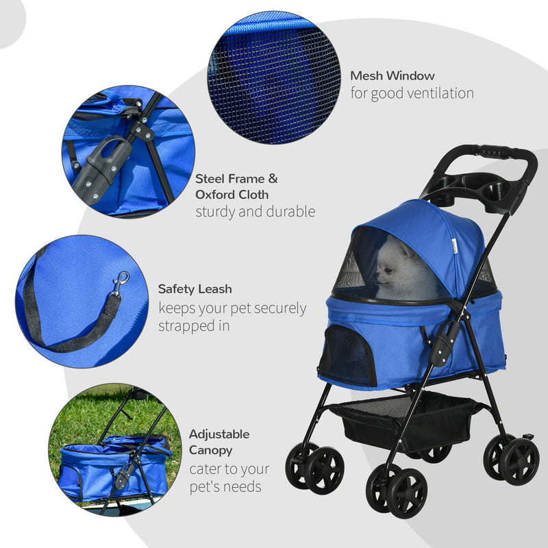 Pet Stroller Dog Cat Travel Pushchair One-Click Fold Trolley Jogger with EVA Wheels Brake Basket Adjustable Canopy Safety Leash Blue