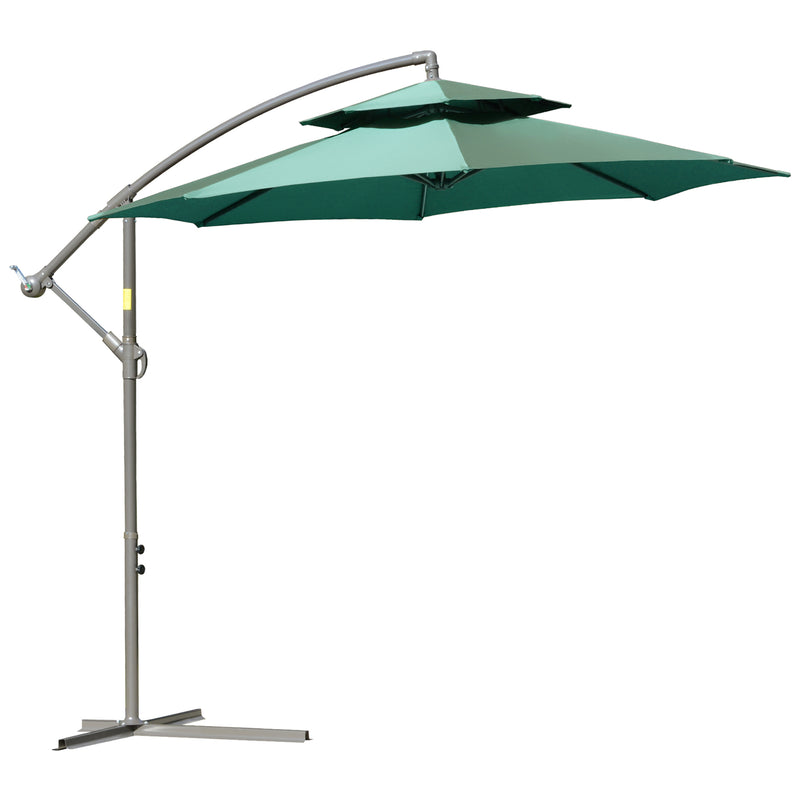 2.7m Banana Parasol Cantilever Umbrella with Crank Handle , Double Tier Canopy and Cross Base for Outdoor, Hanging Sun Shade, Green