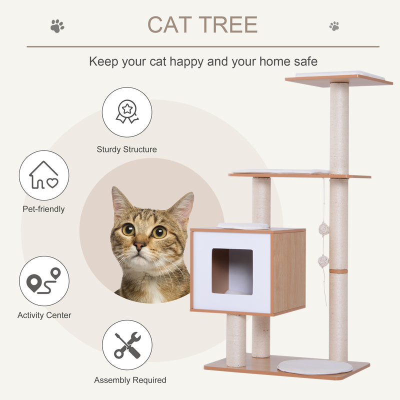 Cat Tree Wooden Cat Scratching Post for Indoor Cats Kitten House Condo Activity Center w/ Cushion Hanging Toy Multi-level