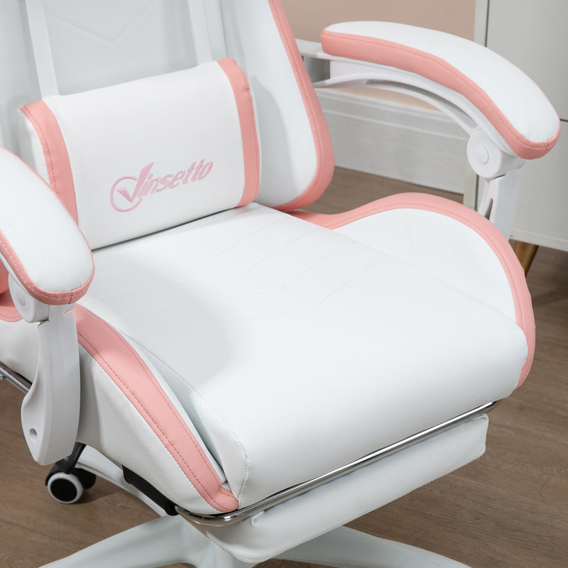 Racing Gaming Chair, Reclining PU Leather Computer Chair with 360 Degree Swivel Seat, Footrest, Removable Headrest White and Pink