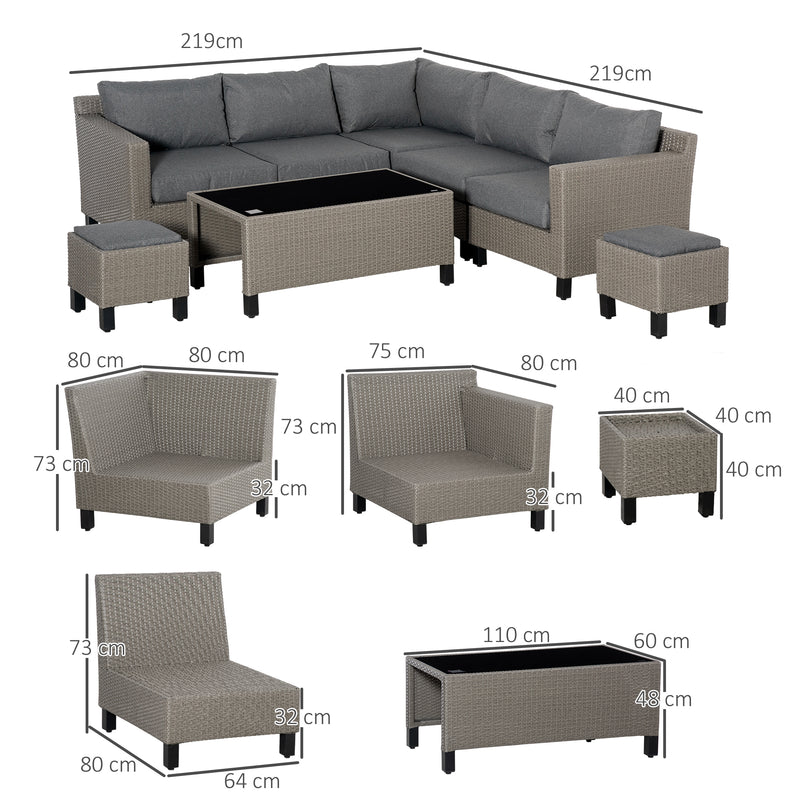 7-Seater PE Rattan Sofa Set Wicker Garden Furniture Patio Conservatory Corner Sofa, w/ Tempered Glass Coffee Table & Cushions, Grey