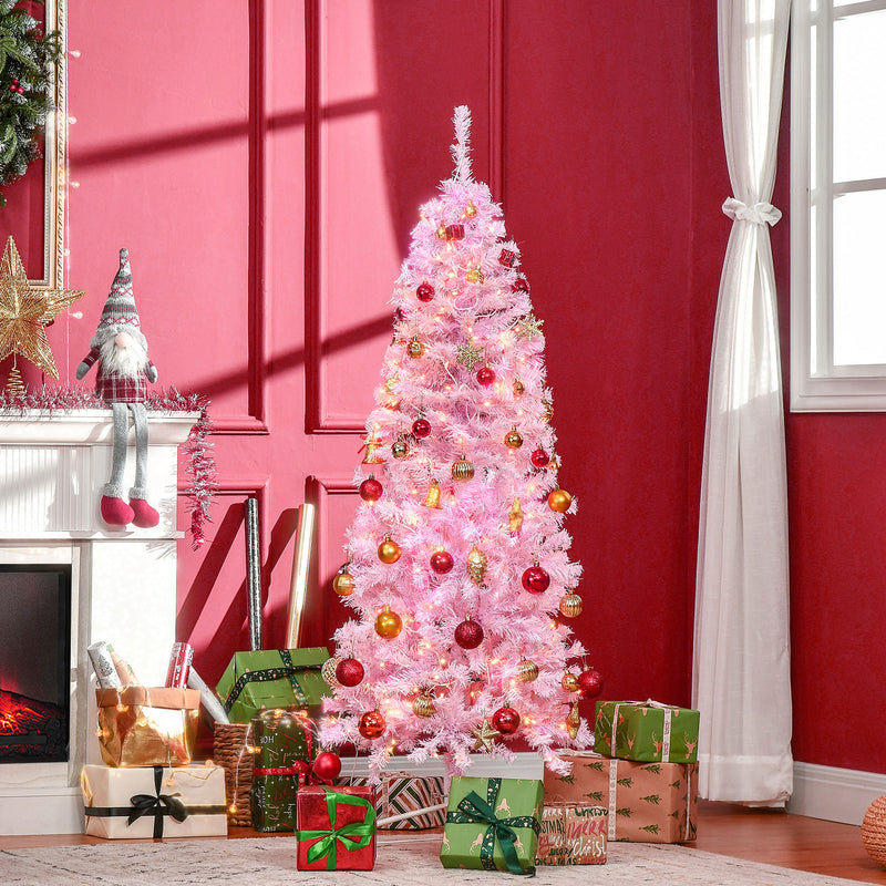 7' Tall Prelit Pencil Slim Artificial Christmas Tree with Realistic Branches, 350 Warm White LED Lights and 818 Tips, Xmas Decoration, Pink