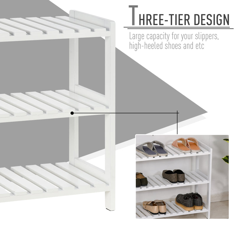 3-Tier Shoe Rack Wood Frame Slatted Shelves Spacious Open Hygienic Storage Home Hallway Furniture Family Guests 70L x 26W x 57.5H cm - White
