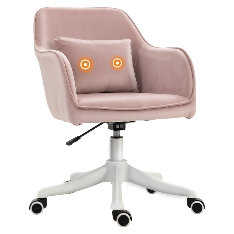 Velvet-Feel Tub Office Chair w/ Massage Pillow Wheels Adjustable Height Ergonomic Padding Luxe Home Style Seat Pink