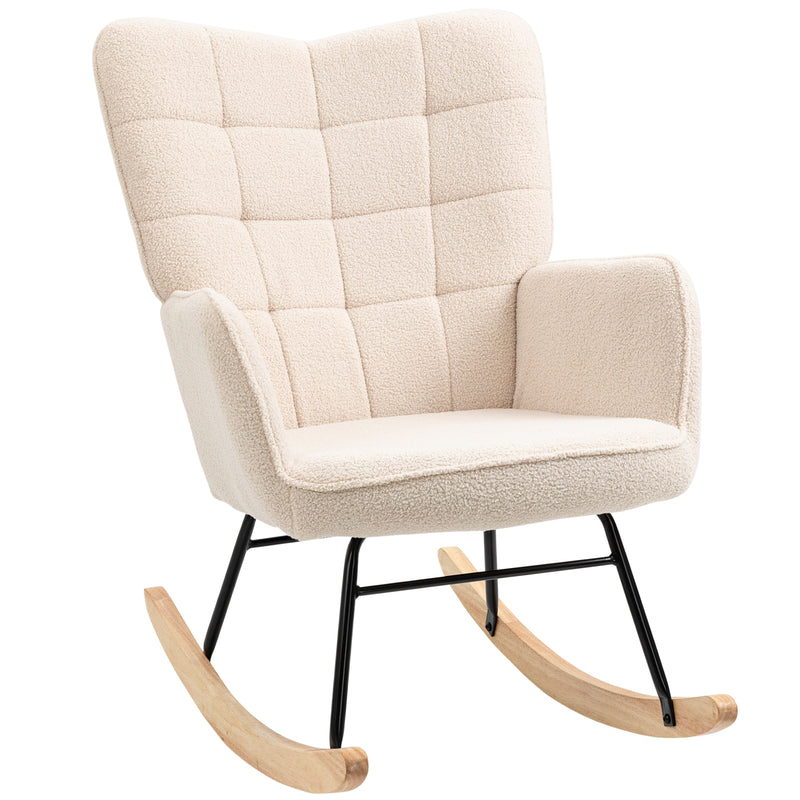 Wingback Rocking Chair for Nursing, Berber Fleece Nursery Glider Rocker, Modern Armchair for Living Room, Beige