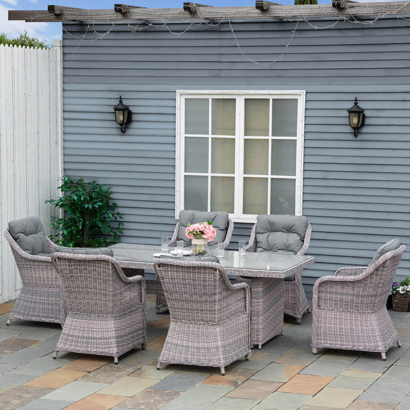 7 PCS Outdoor PE Rattan Dining Table Set, Patio Wicker Aluminium Chair Furniture w/ Tempered Glass Table Top, Grey