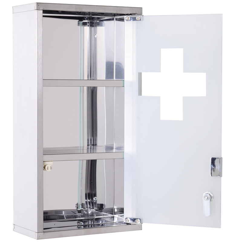 Stainless Steel wall mounted Medicine Cabinet with 2 Shelves + Security Glass Door Lockable 48 cm(H)
