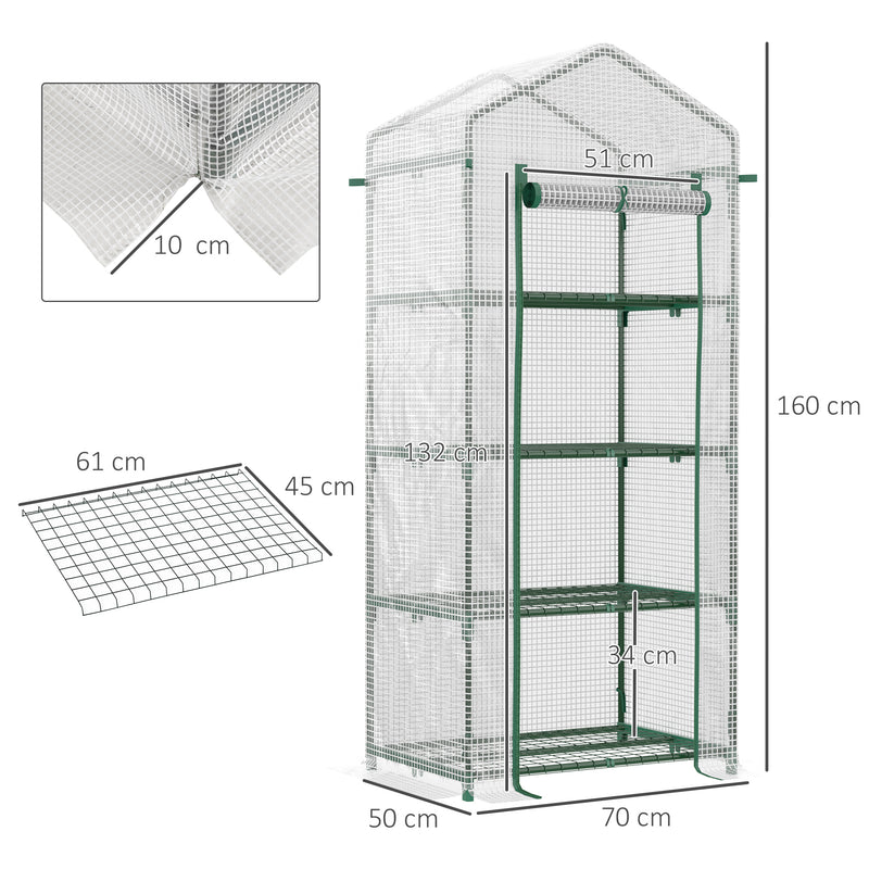 4 Tier Mini Greenhouse, Portable Green House with Steel Frame, PE Cover, Roll-up Door, 70 x 50 x 160 cm, White