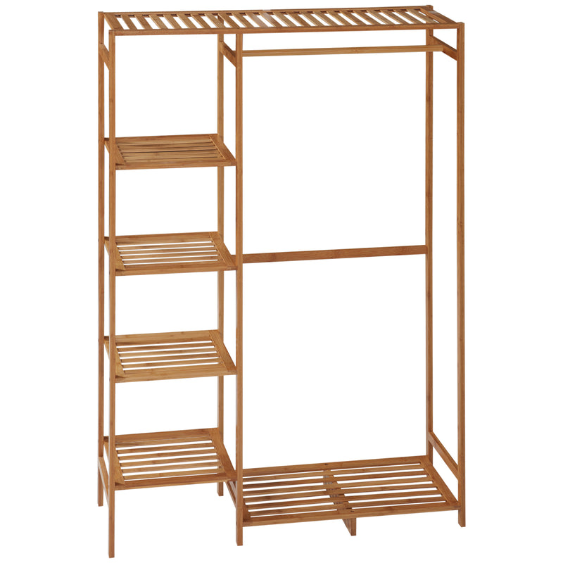 Bamboo Clothes Rack for Bedroom Garment Rack with 6-Tier Storage Shelf Hanging Rod Clothes Rail for Living Room Entryway