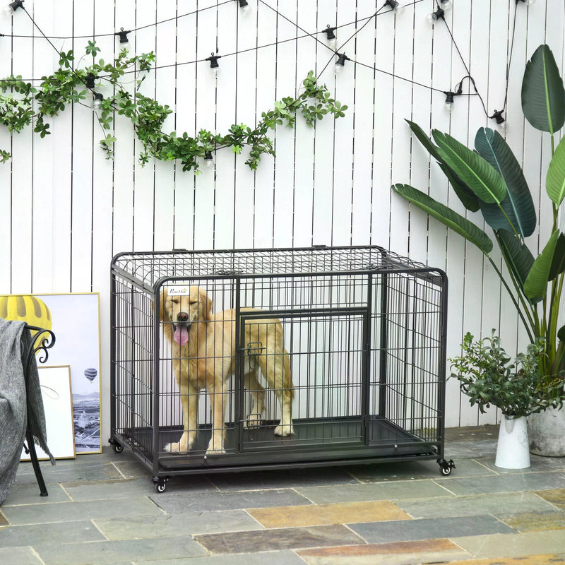Heavy Duty Dog Crates Foldable Doge Kennel and Dog Cage Pet Playpen with Double Doors Removable Tray Lockable Wheels 125cm x 76cm x 81cm.