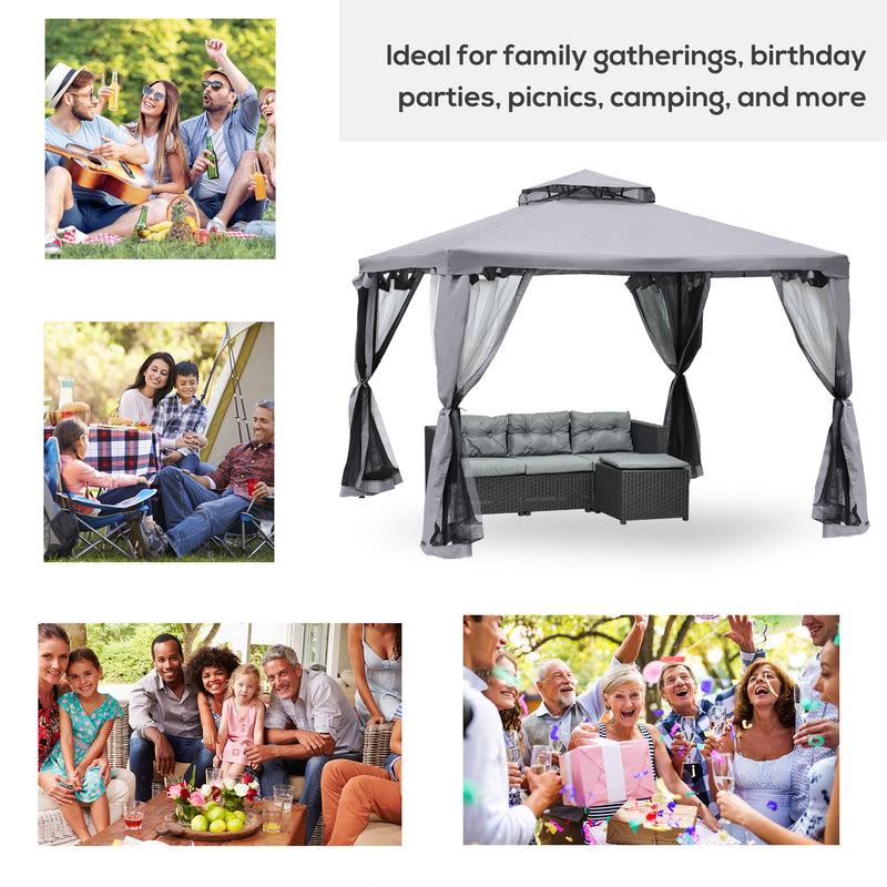 3 x 3 Meter Metal Gazebo Garden Outdoor 2-tier Roof Marquee Party Tent Canopy Pavillion Patio Shelter with Netting - Grey