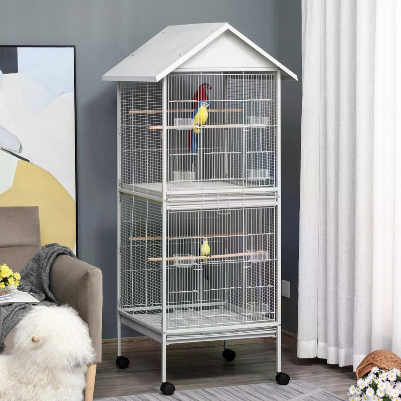 170cm Metal Bird Cage Parrot Cage Mobile Feeder with Rolling Stand Perches Food Containers Doors Wheels White