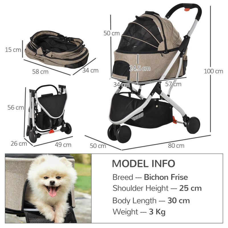 Pet Stroller Detachable Dog Pushchair 2-In-1 Foldable Cat Travel Carriage w/ Carrying Bag for XS Pets, Light Brown