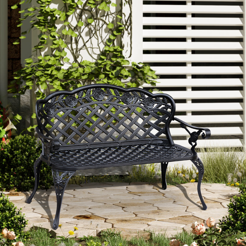 Cast Aluminium Garden Bench Outdoor Patio 2 Seater High Back Chair Armrest Antique Style Black