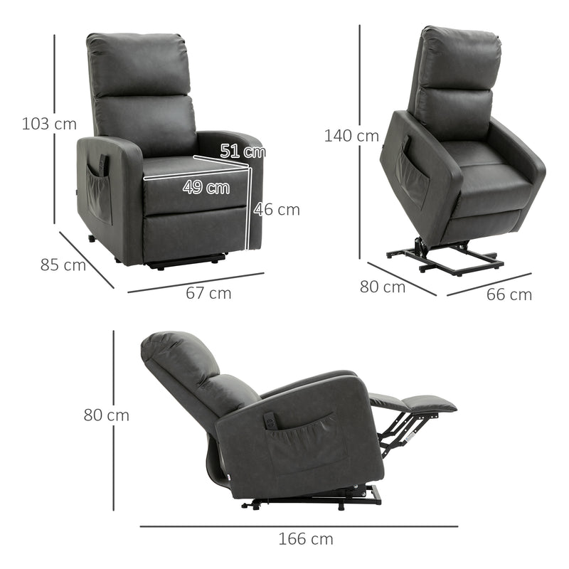 Riser and Recliner Chairs for the Elderly, PU Leather Upholstered Lift Chair for Living Room with Remote Control, Side Pockets, Charcoal Grey