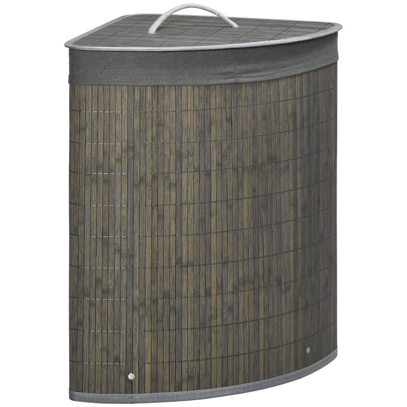 Bamboo Laundry Basket with Lid, 55 Litres Laundry Hamper with Removable Washable Lining, Corner Washing Baskets, 38 x 38 x 57cm, Grey