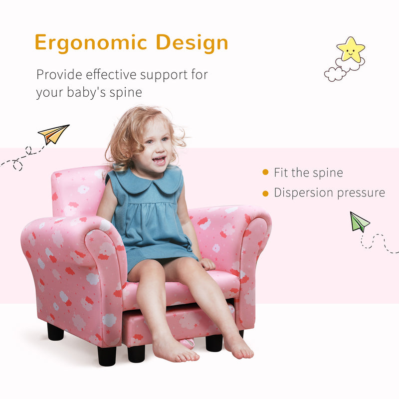 Kids Children Armchair Mini Sofa Wood Frame w/ Footrest Anti-Slip Legs High Back Arms Bedroom Playroom Furniture Cute Cloud Star Pink