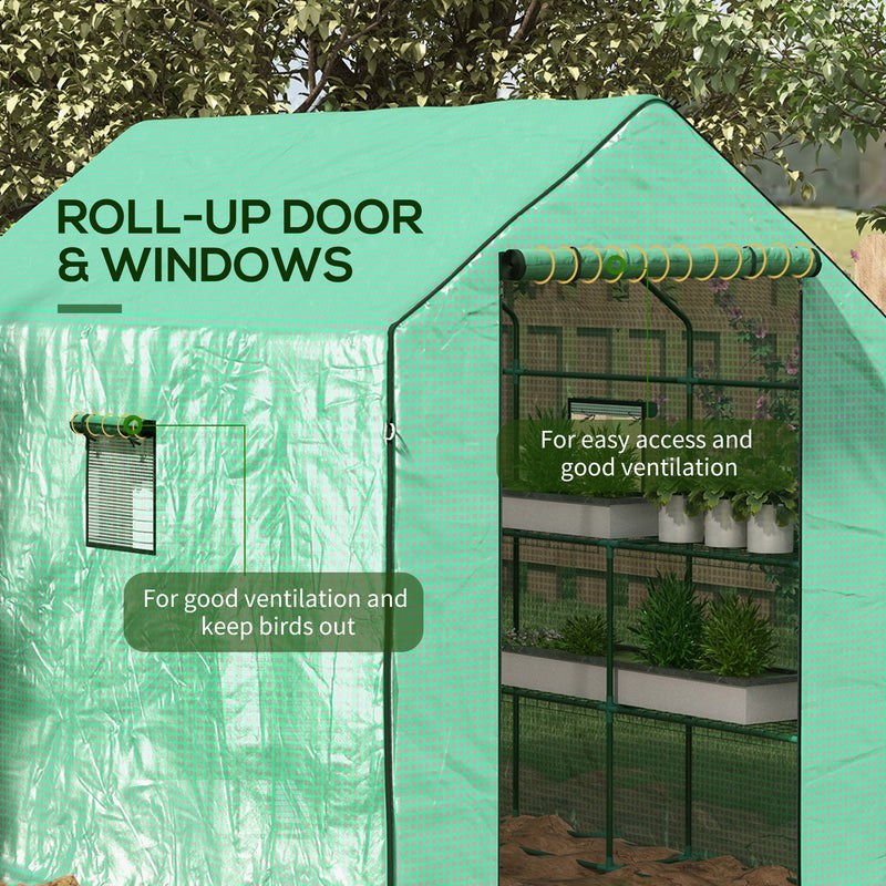 Walk-in Greenhouse w/ 3 Tier Shelves, Green House Garden Grow House w/ PE Cover, Roll-up Door, Mesh Windows, 140 x 213 x 190cm, Green
