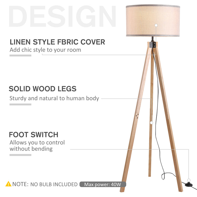 5FT Elegant Wood Tripod Floor Lamp Free Standing E27 Bulb Lamp Versatile Use For Home Office - Beige