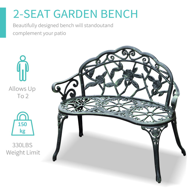 Cast Aluminium Outdoor Garden Patio Antique Rose Style Bench Porch Park Chair Seater - Green