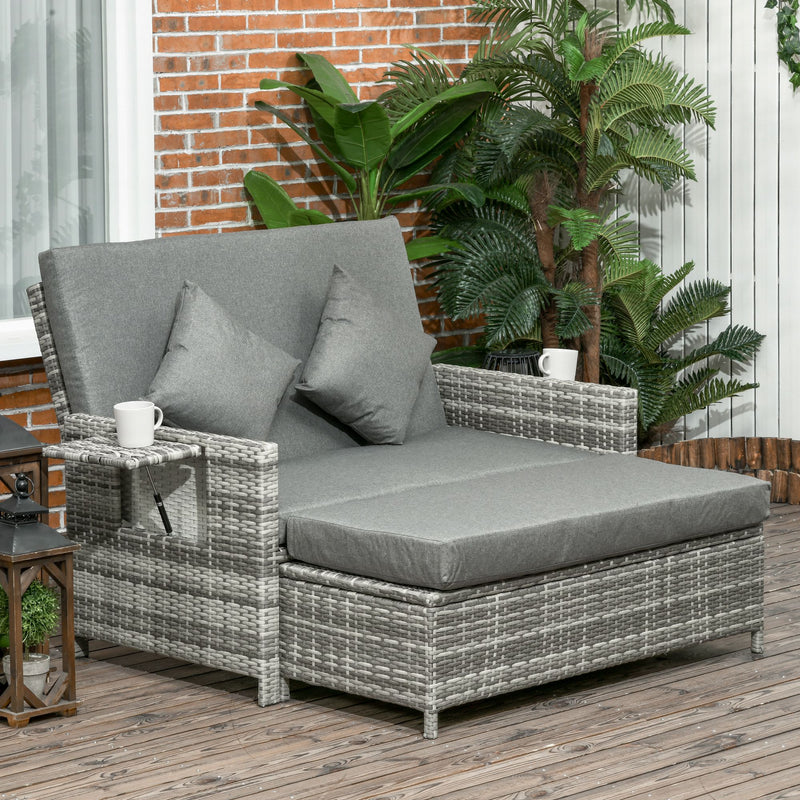 2 Seater Assembled Garden Patio Outdoor Rattan Furniture Sofa Sun Lounger Daybed with Fire Retardant Sponge - Grey