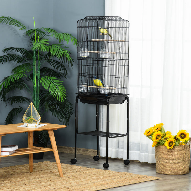 Bird Cage Budgie Cages for Finch Canary Parakeet with Stand Wheels Slide-out Tray Accessories Storage Shelf, Black 36 x 46.5 x 157 cm