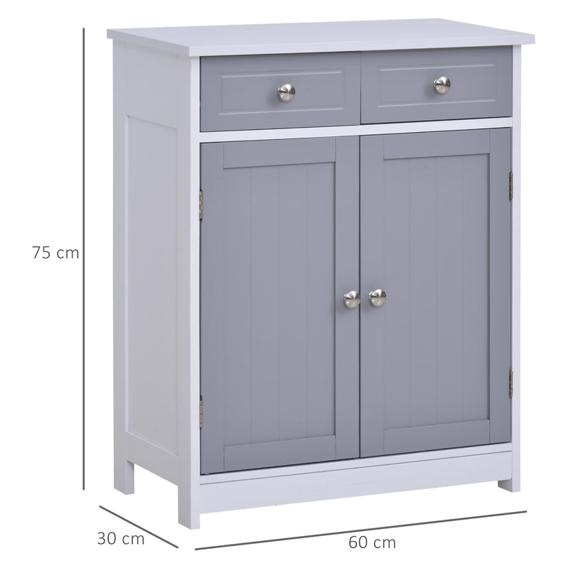 Bathroom Storage Cabinet Free-Standing Bathroom Cabinet Unit w/ 2 Drawers Cupboard Adjustable Shelf Metal Handles 75x60cm - Grey and White