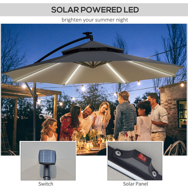 3(m) Cantilever Banana Parasol Hanging Umbrella with Double Roof, LED Solar lights, Crank, 8 Sturdy Ribs and Cross Base for Outdoor, Garden