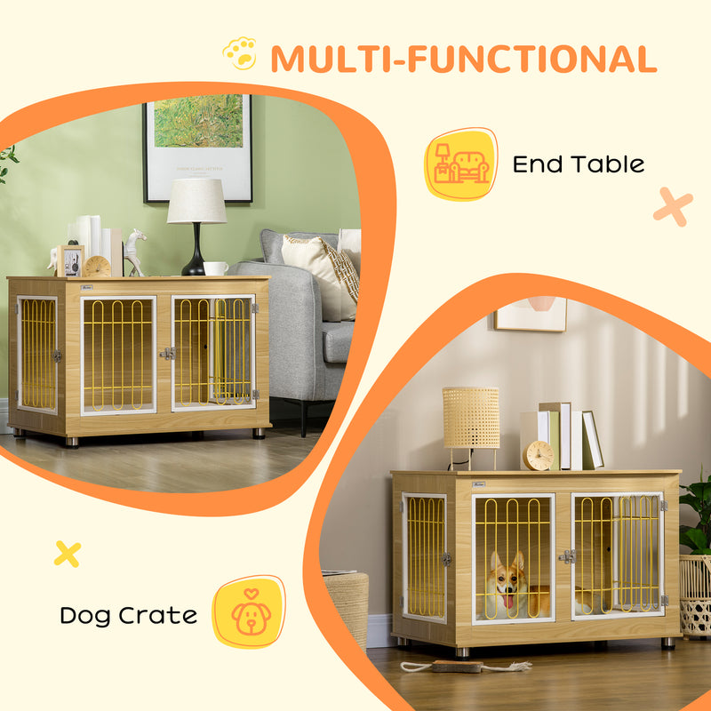 Dog Crate Furniture, Dog Cage End Table. with Soft Cushion, Double Door - Oak Tone