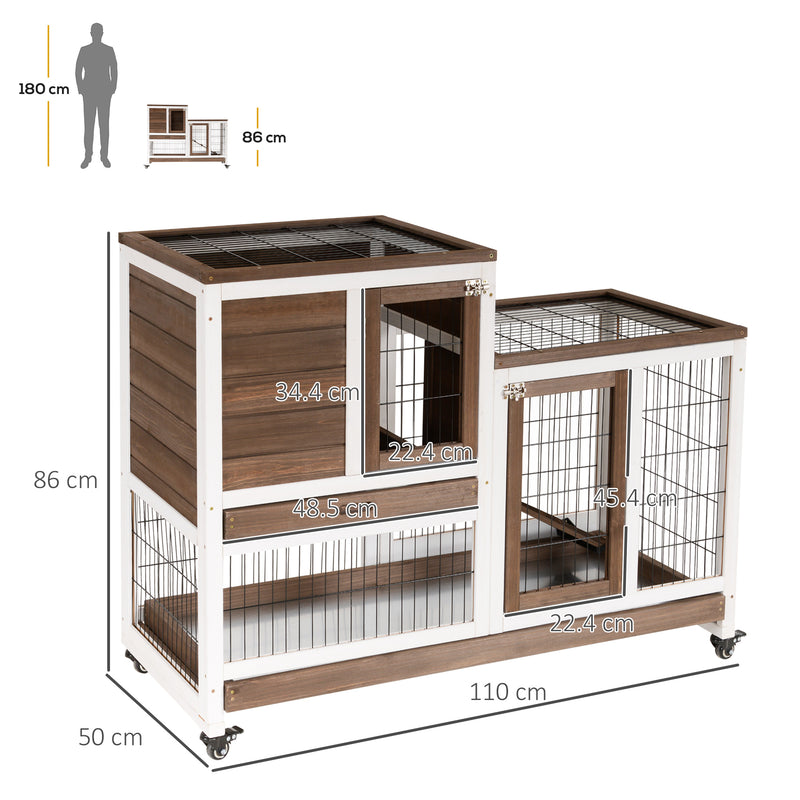 Wooden Indoor Rabbit Hutch Guinea Pig House Bunny Small Animal Cage W/ Wheels Enclosed Run 110 x 50 x 86 cm, Brown
