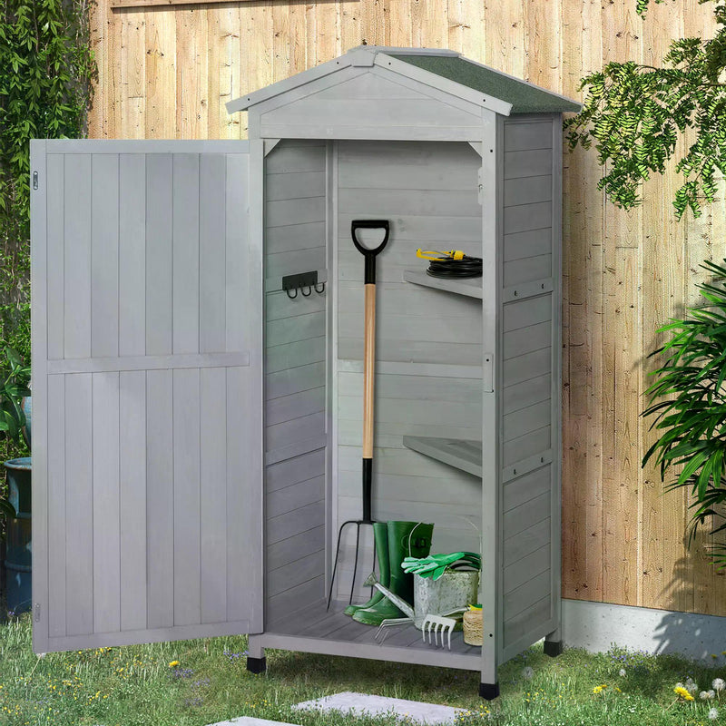 Wooden Garden Cabinet 3-Tier Storage Shed 2 Shelves Lockable Organizer with Hooks Foot Pad 74 x 55 x 155cm Light Grey