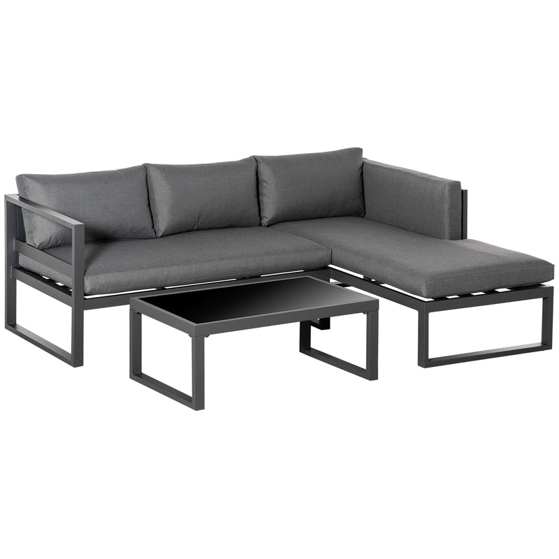 3-Seater L-shape Garden Corner Sofa Set with Padded Cushions, Outdoor Conversation Furniture Set with Glass Coffee Table, Grey