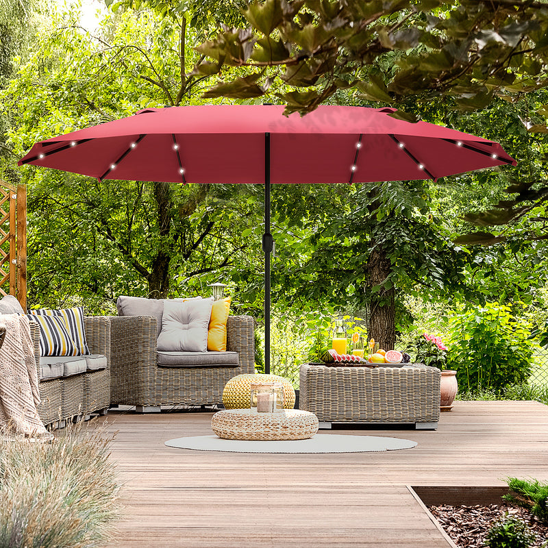 4.4m Double-Sided Sun Umbrella Garden Parasol Patio Sun Shade Outdoor with LED Solar Light, NO BASE INCLUDED, Wine Red