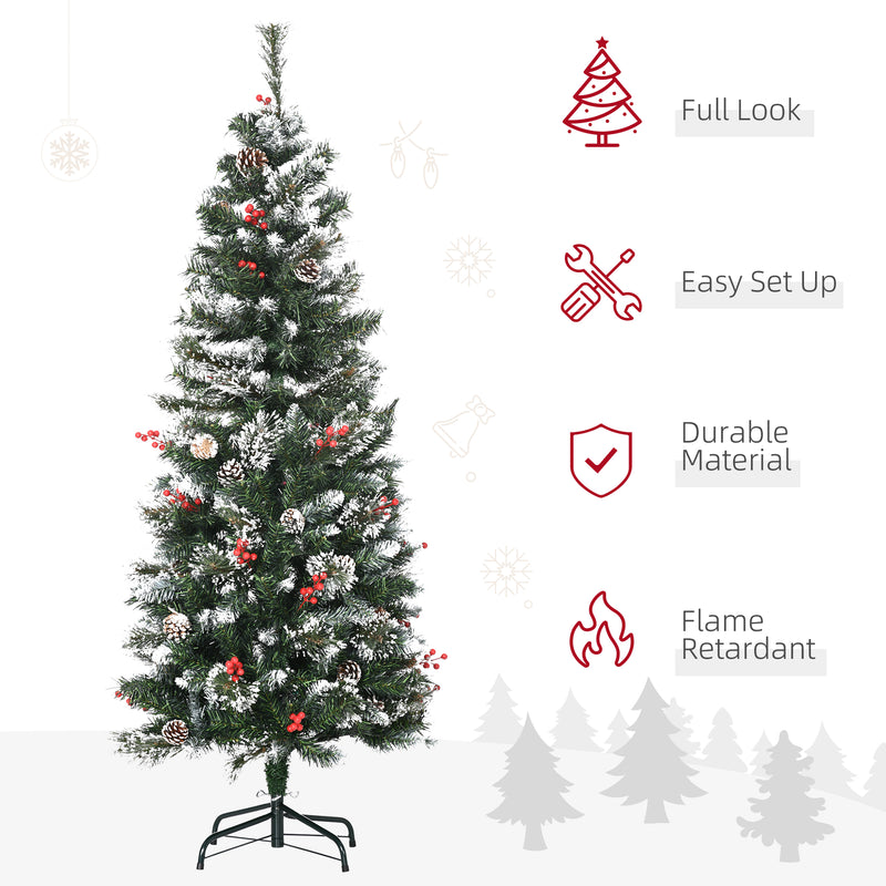 5 Foot Snow Dipped Artificial Christmas Tree Slim Pencil Xmas Tree with 402 Realistic Branches, Pine Cones, Red Berries, Auto Open, Green