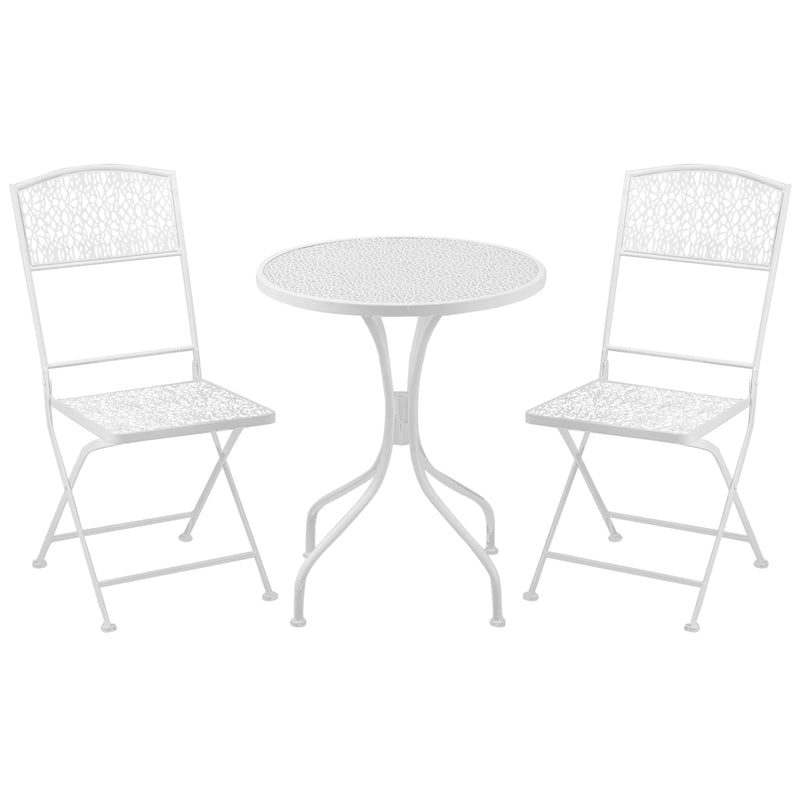 Garden Bistro Set for 2 with Folding Chairs and Round Table, Metal Balcony Furniture for Outdoor Indoor Use, White