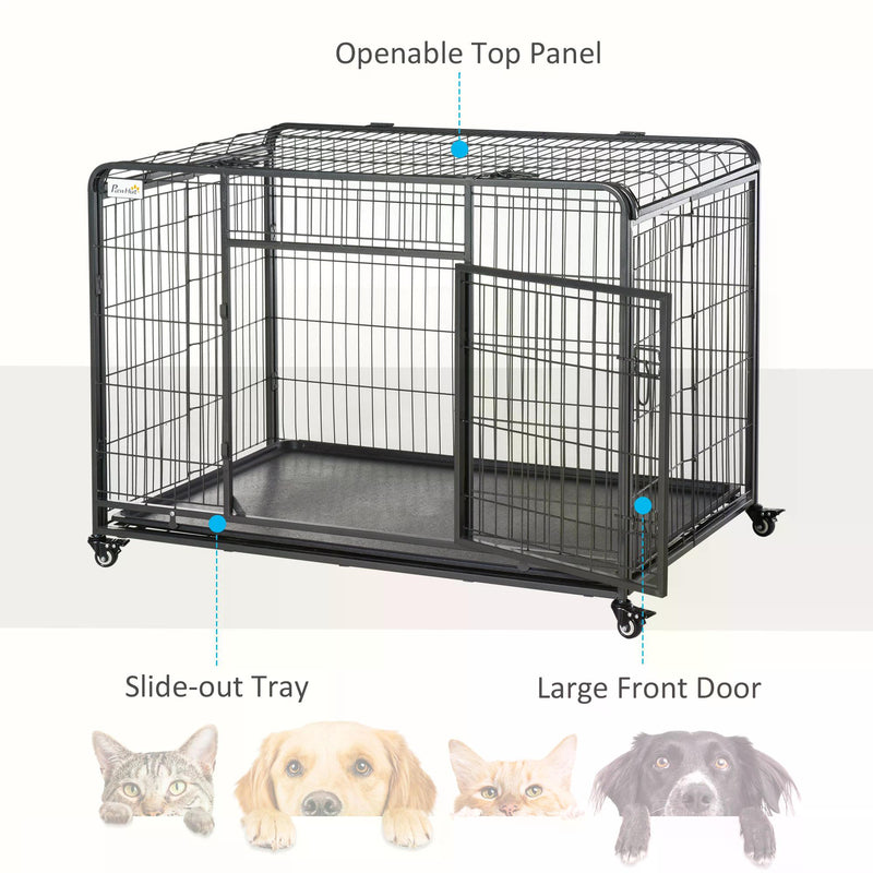 Heavy Duty Dog Crates Foldable Doge Kennel and Dog Cage Pet Playpen with Double Doors Removable Tray Lockable Wheels 125cm x 76cm x 81cm.