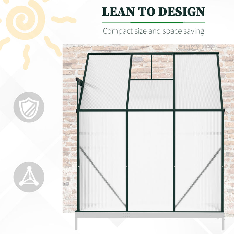 Walk-In Lean to Greenhouse Garden Heavy Duty Aluminium Polycarbonate with Roof Vent for Plants Herbs Vegetables, Green, 192 x 127 x 220 cm