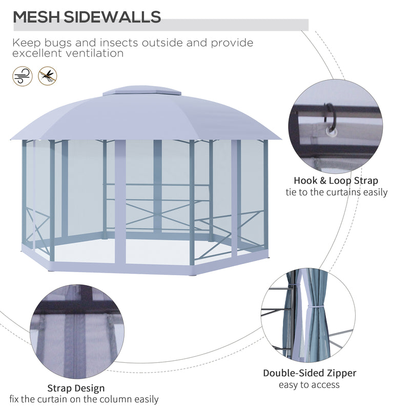 4 x 4.7(m) Patio Metal Gazebo Canopy, Hexagon Shape Garden Tent Sun Shade, Outdoor Shelter with 2 Tier Roof, Netting, Steel Frame, Grey