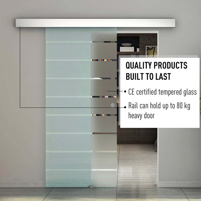 Tempered Glass Sliding Barn Door Kit Aluminum-alloy Rail W/Handle-Frosted Glass W/ Stripes