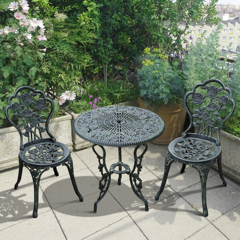 Cast Aluminium Outdoor Patio Garden Bistro Elegant Design Table Chair Set - Green (3-Piece)