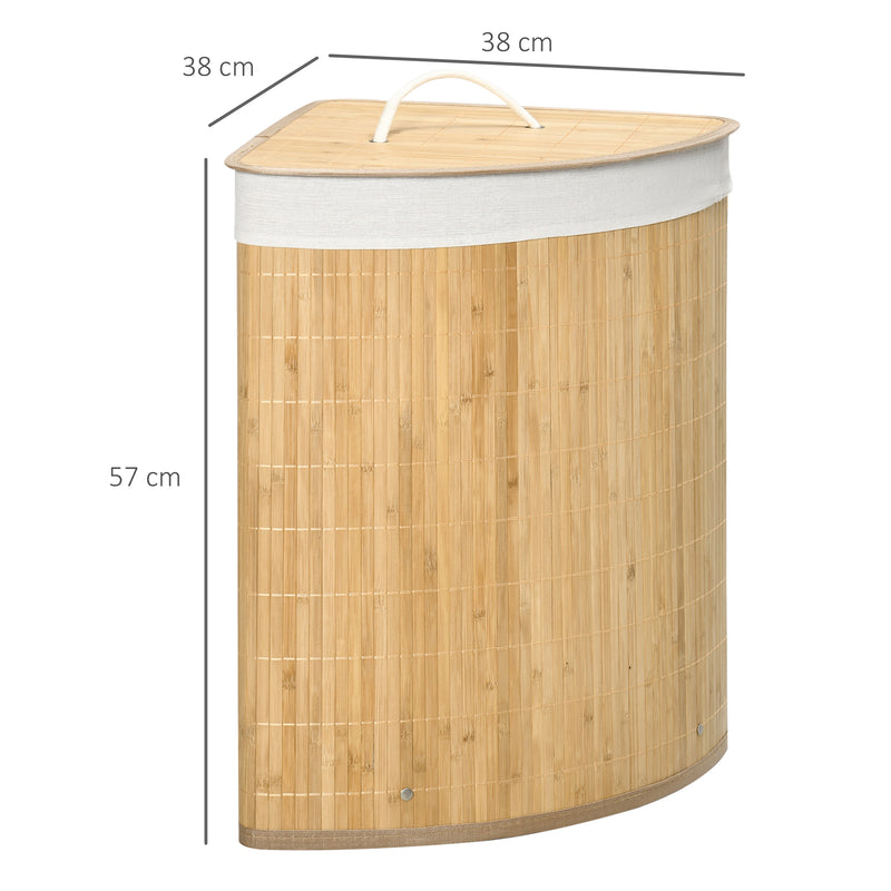 Bamboo Laundry Basket with Lid, 55 Litres Laundry Hamper with Removable Washable Lining, Corner Washing Baskets, 38 x 38 x 57cm, Natural