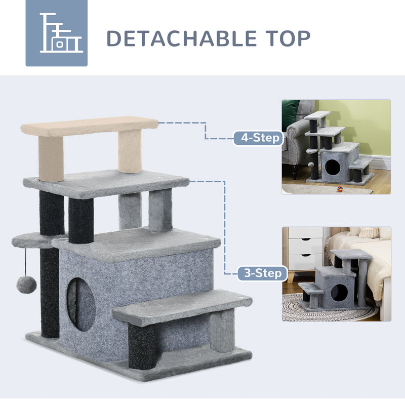 Adjustable Height Cat Stairs for Bed, Cat House with Detachable Cover, Pet Steps for Sofa, 3-Step/ 4-Step w/ Hanging Ball 60 x 40 x 66 cm Grey