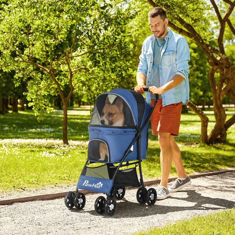 Pet Stroller, Dog Cat Travel Carriage, Foldable Carrying Bag with Large Carriage, Universal Wheels, Brake Canopy, Basket Storage Bag Dark Blue