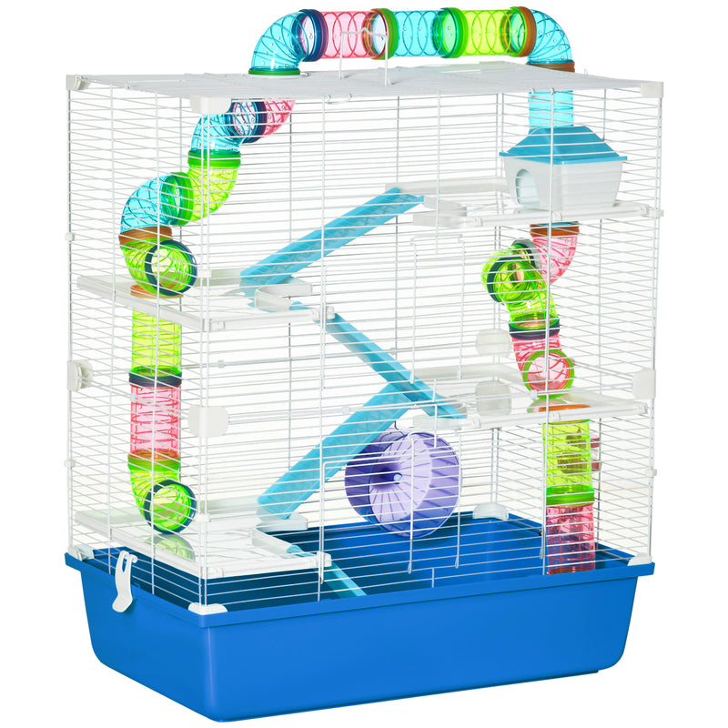 Large Hamster Cage, 5-Level Gerbil Haven, Small Rodent House, Tunnel Tube System, with Water Bottle, Exercise Wheel, Ramps, 59x36x 69 cm Blue