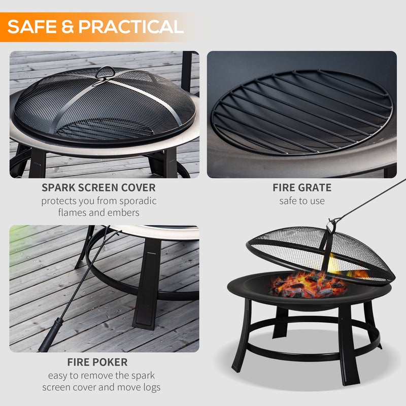 Metal Large Firepit Bowl Outdoor Round Fire Pit w/ Lid, Log Grate, Poker for Backyard, Camping, BBQ, Bonfire, 76 x 76 x 53cm, Black