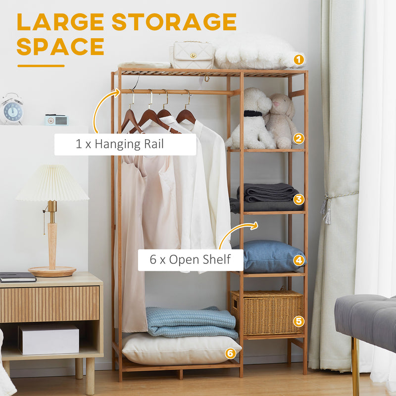 Bamboo Clothes Rack for Bedroom Garment Rack with 6-Tier Storage Shelf Hanging Rod Clothes Rail for Living Room Entryway