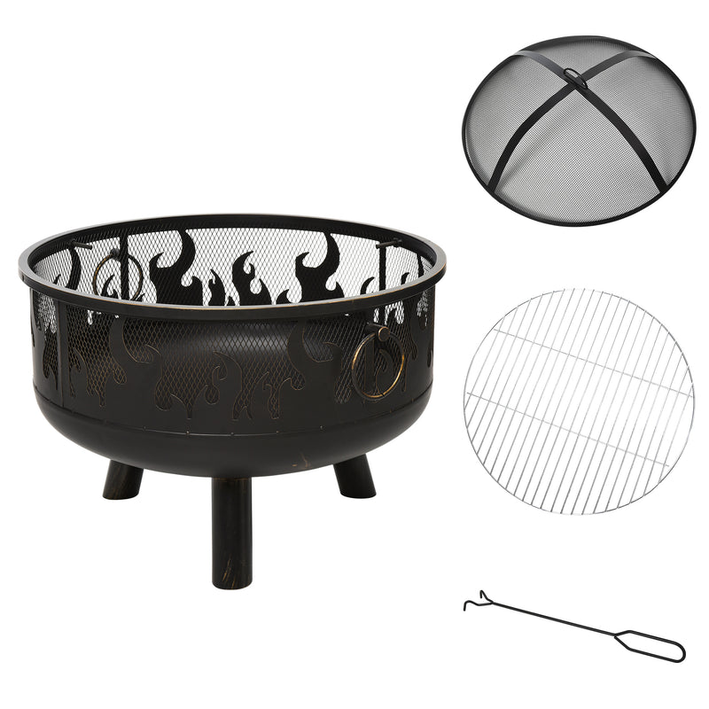 2-in-1 Outdoor Fire Pit with Cooking Grate Steel BBQ Grill Bowl Heater with Spark Screen Cover, Fire Poker for Backyard Bonfire Patio