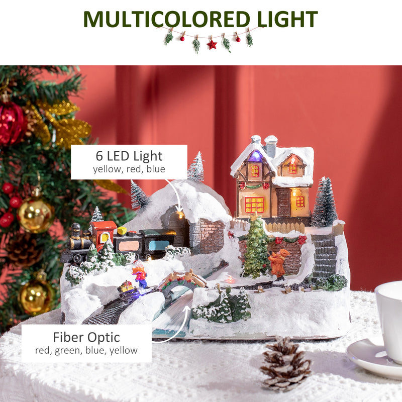 Animated Christmas Village Scene, Battery-Operated Musical Holiday Decoration with LED Light, Fibre Optic River, Moving Train for Tabletop