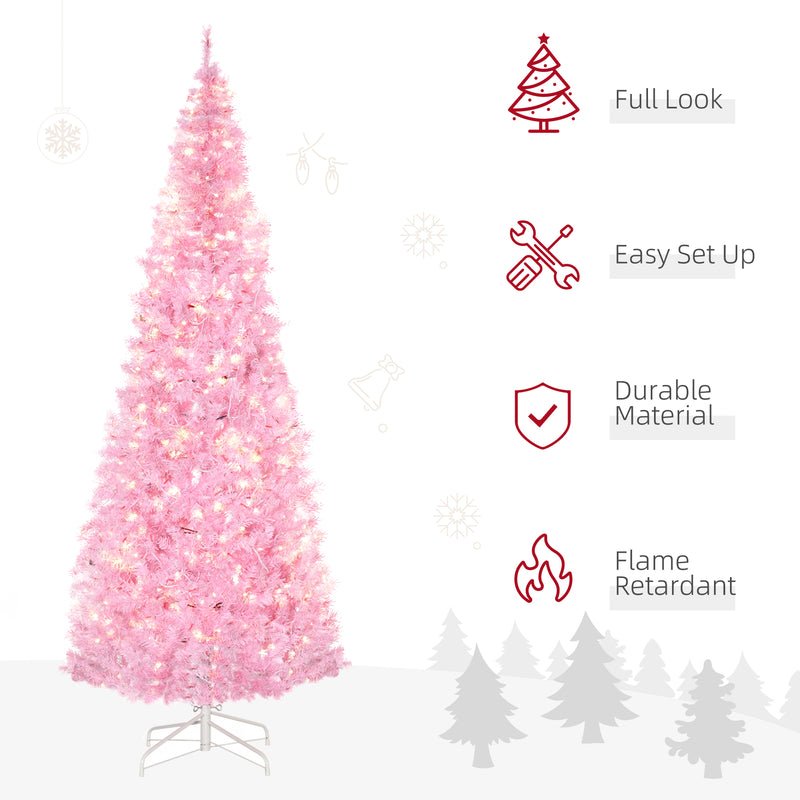 7' Tall Prelit Pencil Slim Artificial Christmas Tree with Realistic Branches, 350 Warm White LED Lights and 818 Tips, Xmas Decoration, Pink